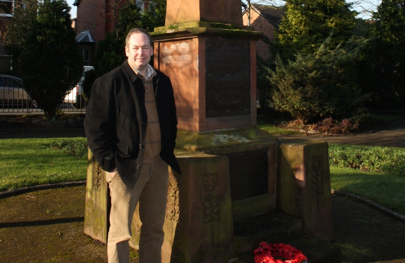 Cllr Owens at the war memorial in Victoria Park, Ormskirk 